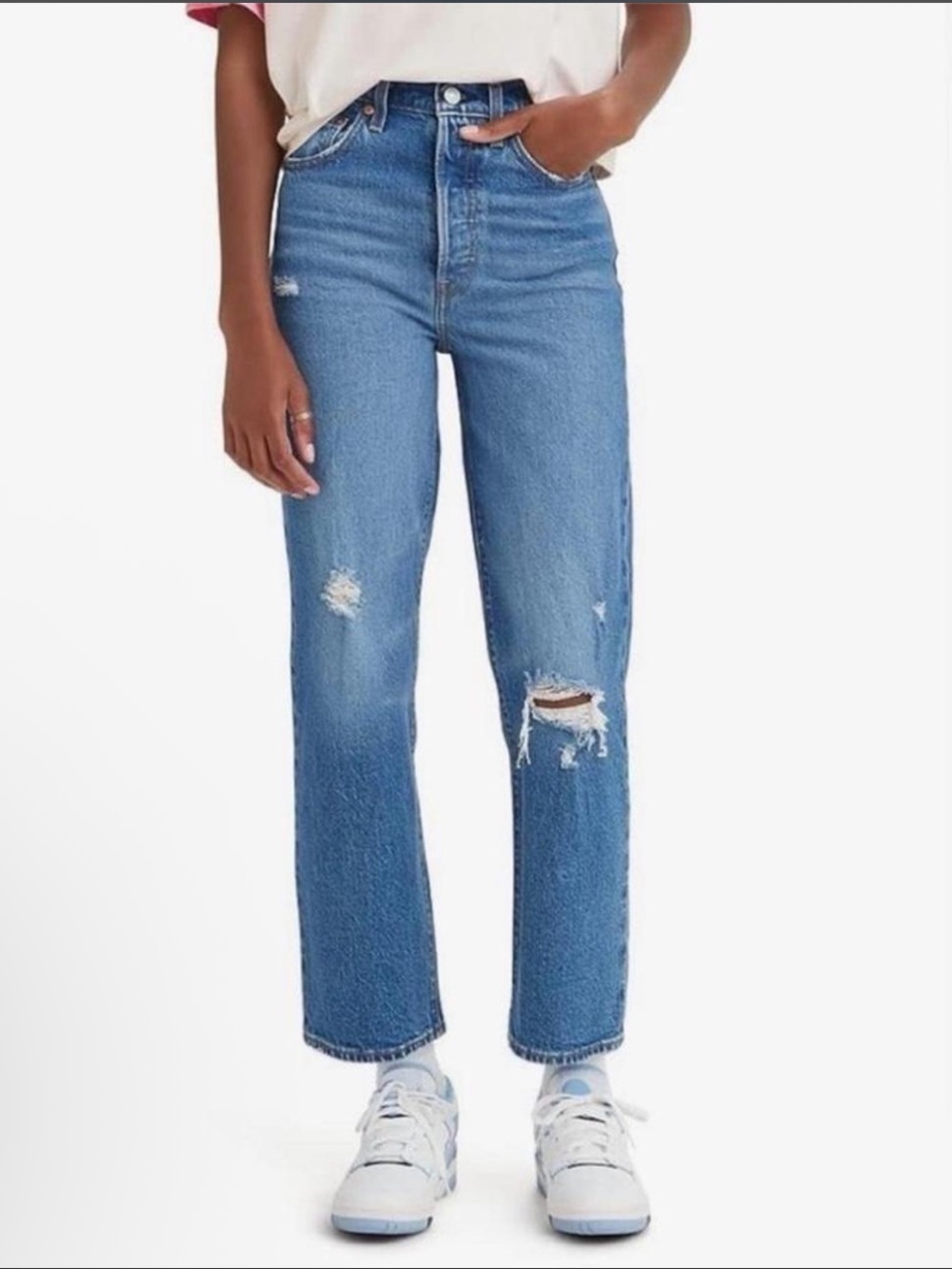 Lexis High-Rise Straight Leg Distressed Jeans in Medium Blue